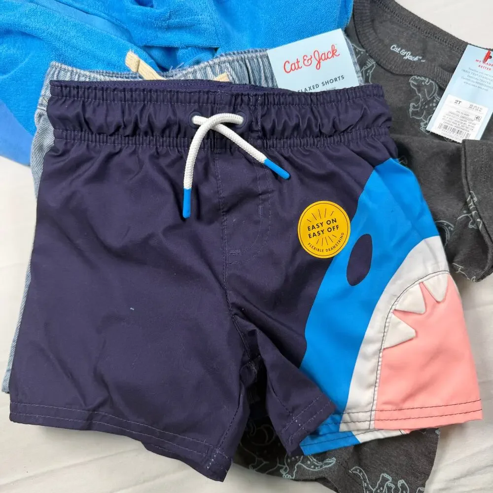 Cat & Jack Summer Lot Boys 2T 5 Piece Shorts Swim Shirts NWT